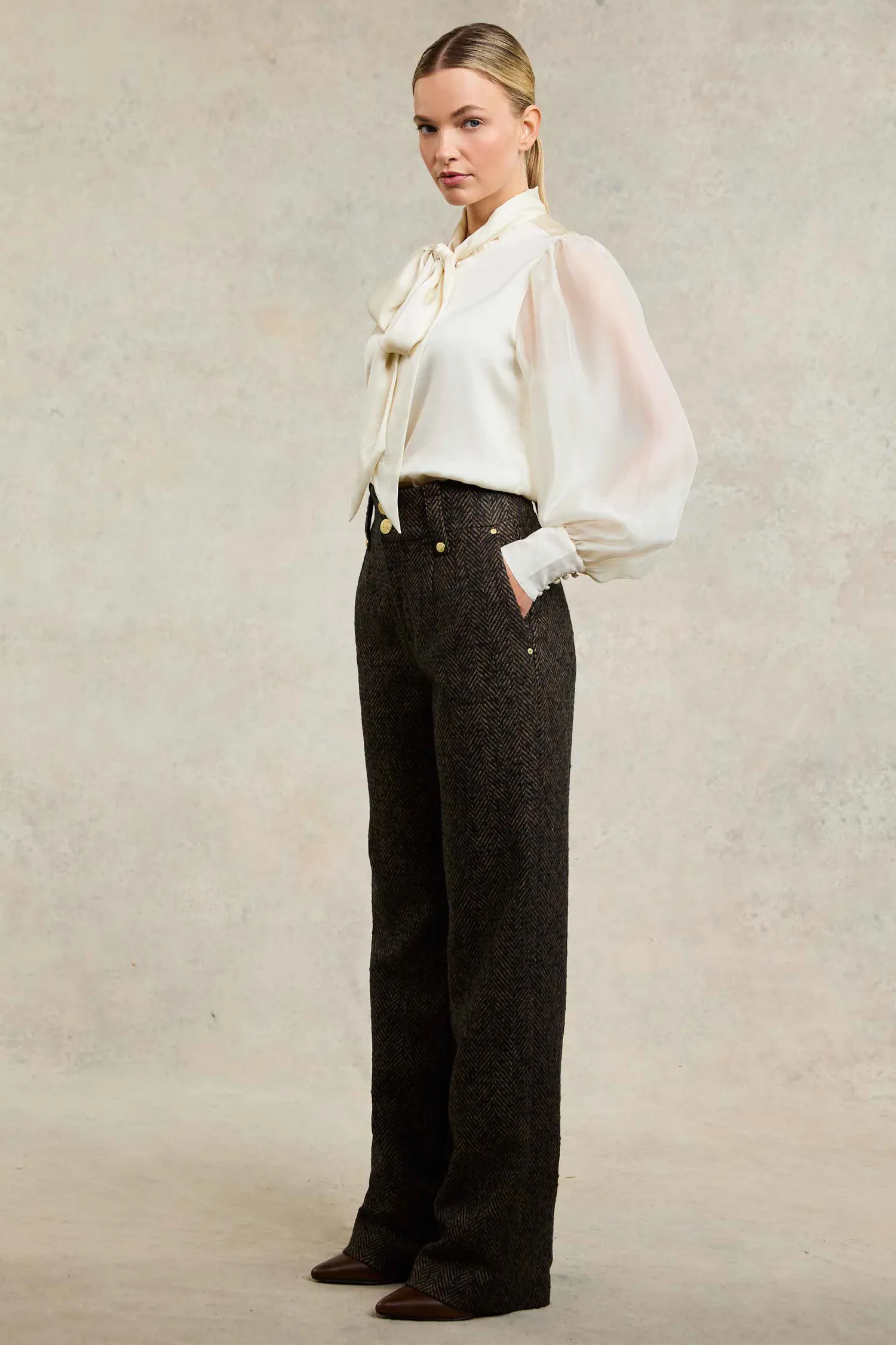 Best High Waisted Straight Trouser (Walnut Herringbone) Women Trousers|Tailoring