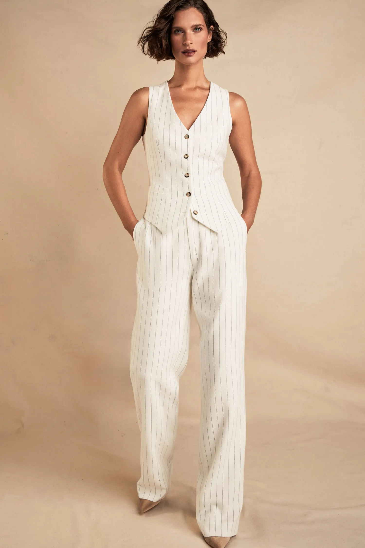 Online High Waisted Straight Trouser (Oyster Linen Pinstripe) Women Trousers|Tailoring
