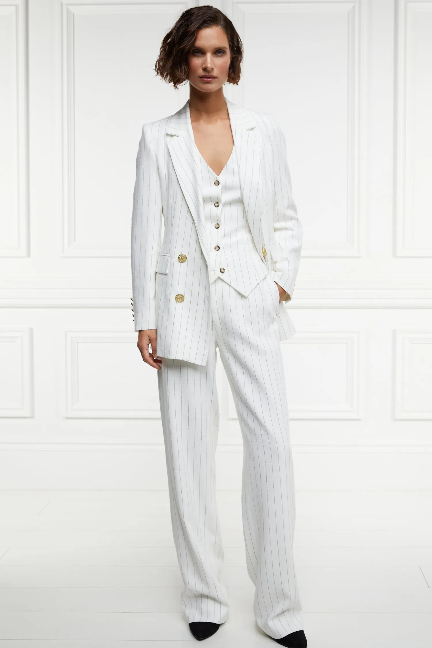 Online High Waisted Straight Trouser (Oyster Linen Pinstripe) Women Trousers|Tailoring