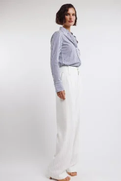 Online High Waisted Straight Trouser (Oyster Linen Pinstripe) Women Trousers|Tailoring