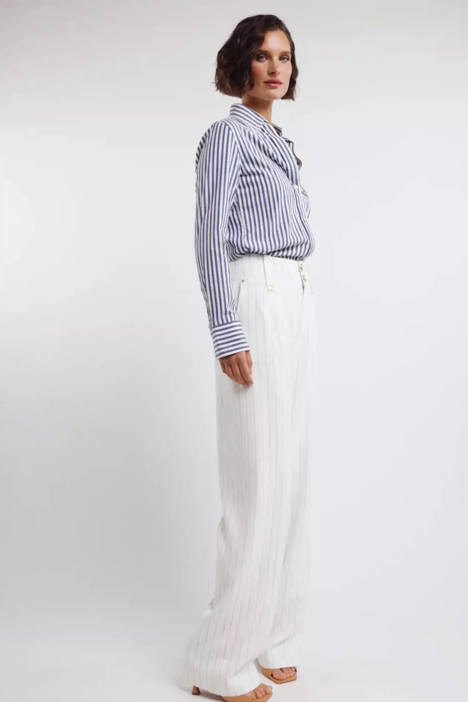 Online High Waisted Straight Trouser (Oyster Linen Pinstripe) Women Trousers|Tailoring