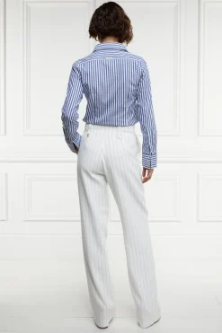 Online High Waisted Straight Trouser (Oyster Linen Pinstripe) Women Trousers|Tailoring