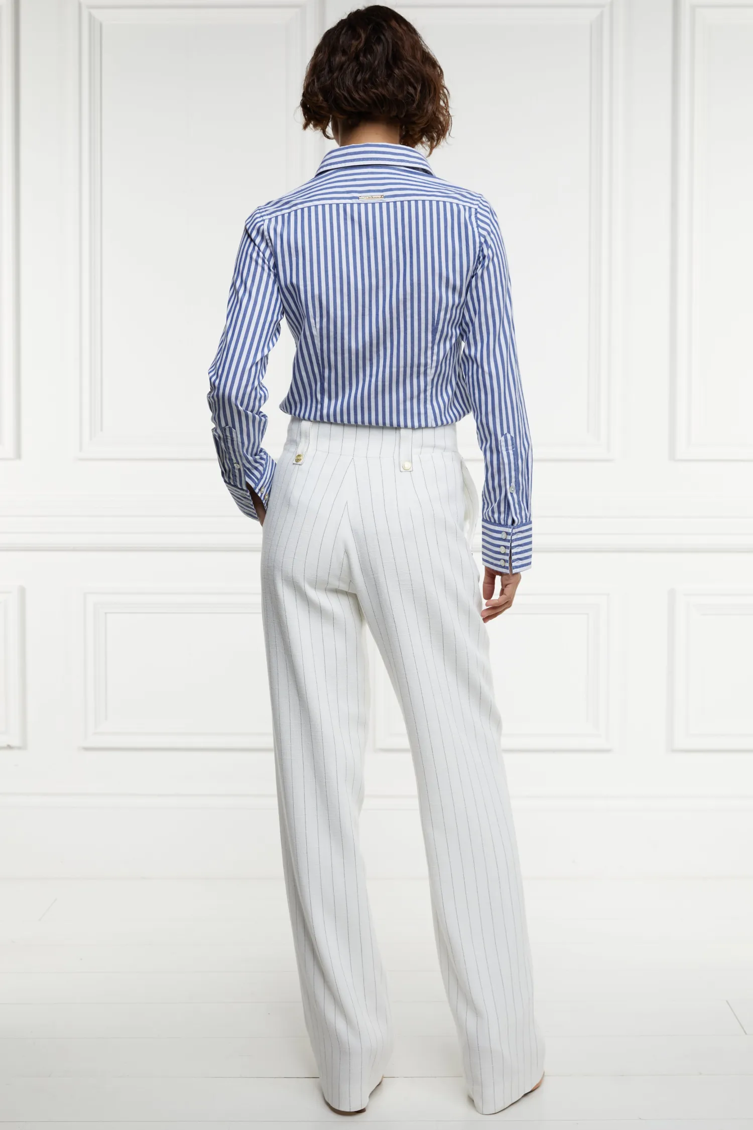 Online High Waisted Straight Trouser (Oyster Linen Pinstripe) Women Trousers|Tailoring
