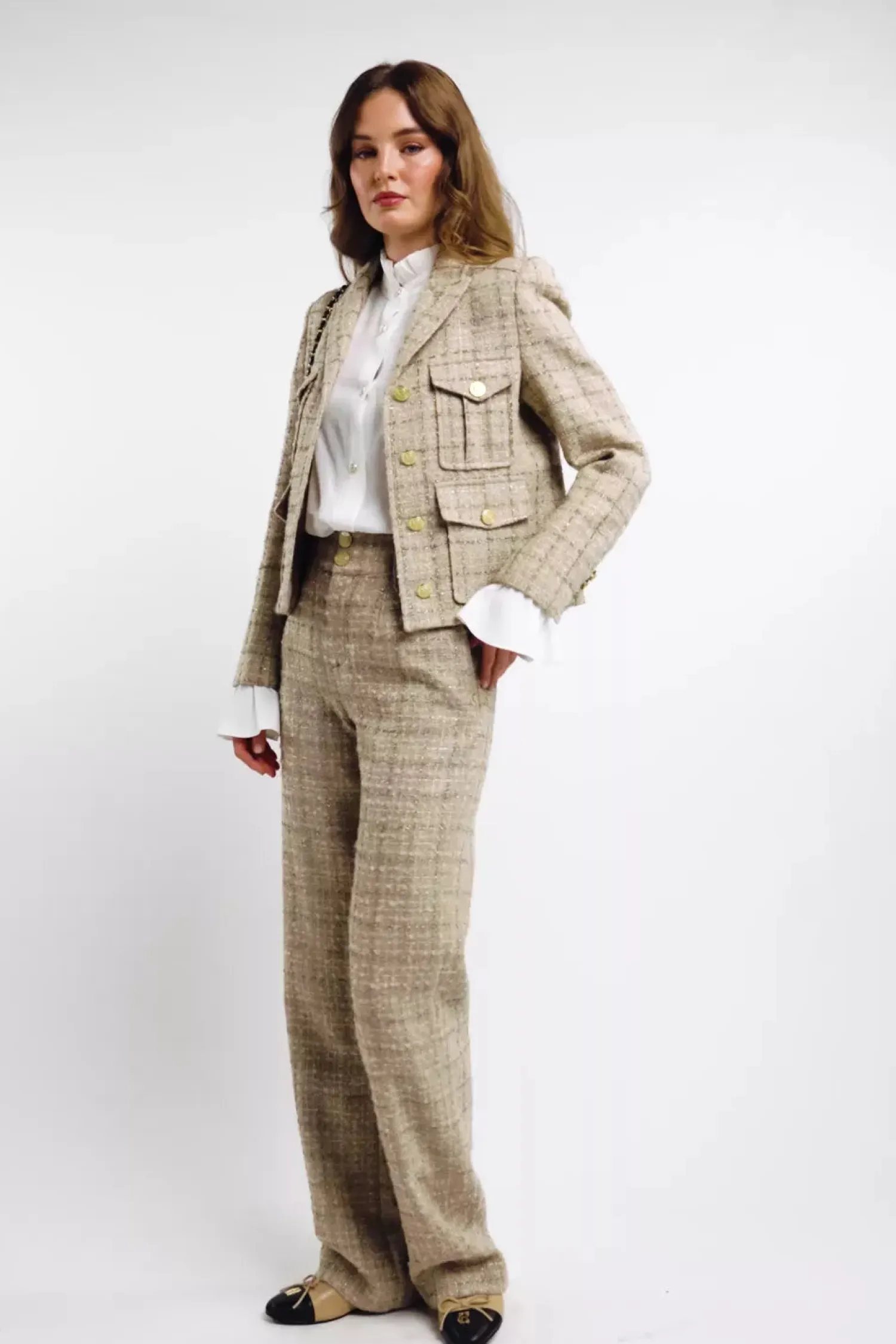 Outlet High Waisted Straight Trouser (Camel Sparkle Tweed) Women Trousers|Tailoring