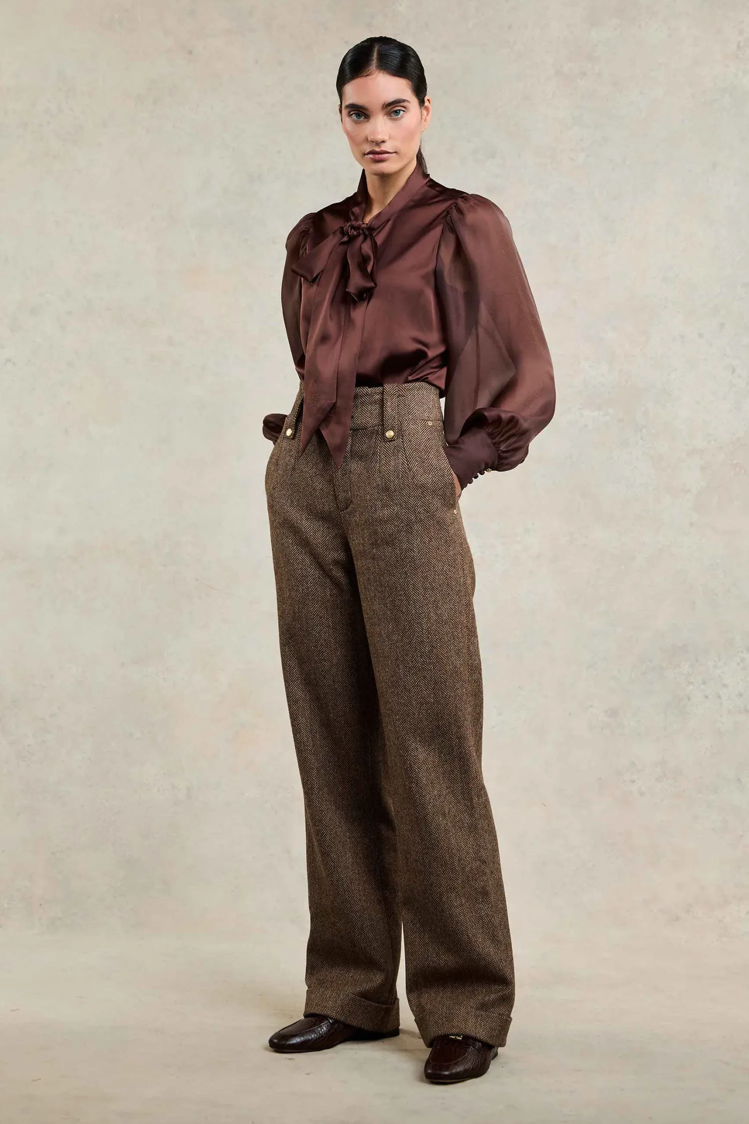 Discount High Waisted Wide Leg Trouser (Large Scale Brown Herringbone) Women Trousers|Tailoring