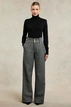 Fashion High Waisted Wide Leg Trouser (Wide Tooth Black Herringbone) Women Trousers|Tailoring