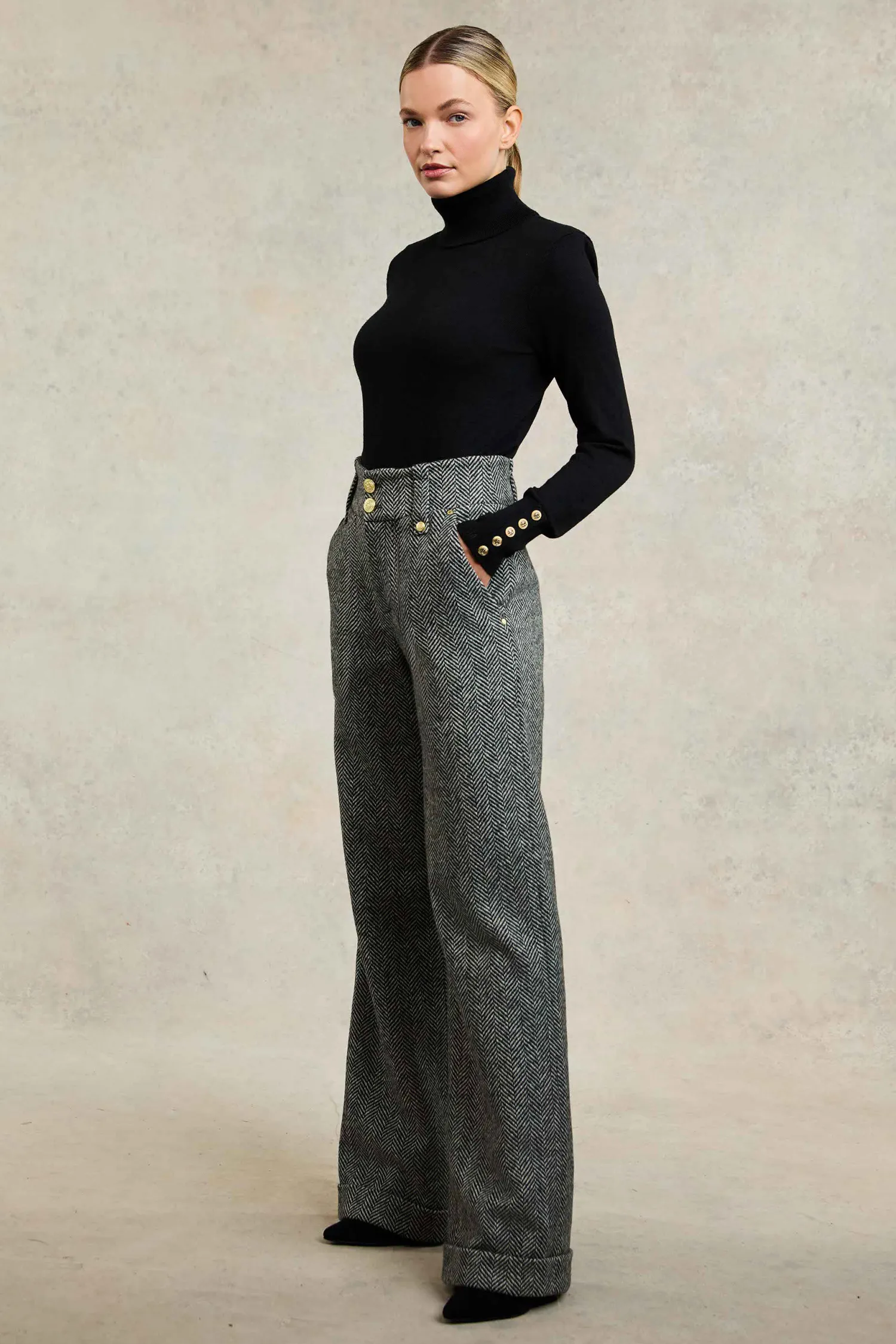 Fashion High Waisted Wide Leg Trouser (Wide Tooth Black Herringbone) Women Trousers|Tailoring