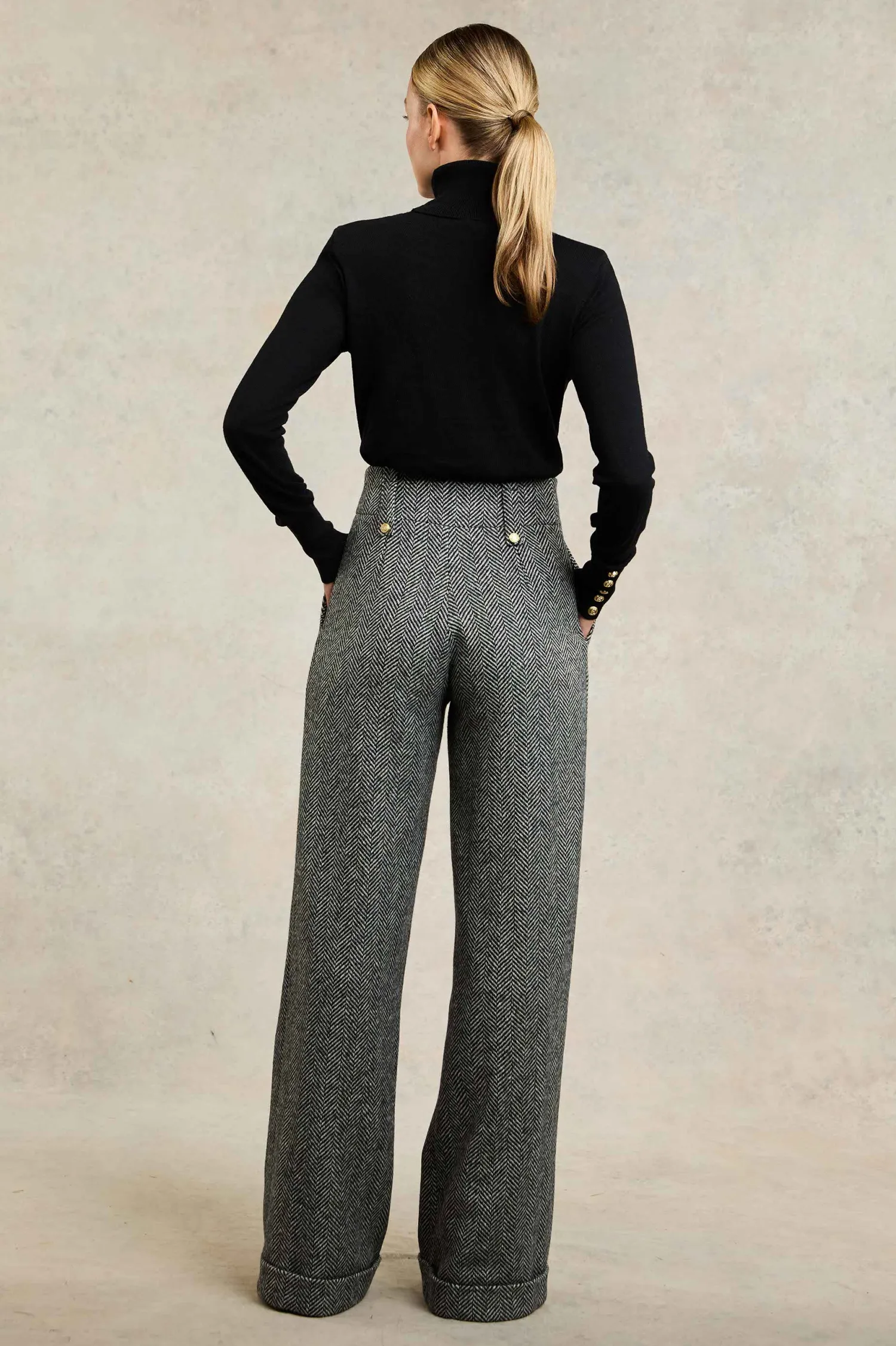 Fashion High Waisted Wide Leg Trouser (Wide Tooth Black Herringbone) Women Trousers|Tailoring