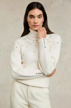 Clearance Kelsie Rib Embellished Roll Neck Women Knitwear