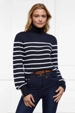 Hot Kelsie Roll Neck Knit (Ink Navy Natural Stripe) Women Knitwear