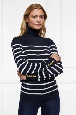 Hot Kelsie Roll Neck Knit (Ink Navy Natural Stripe) Women Knitwear