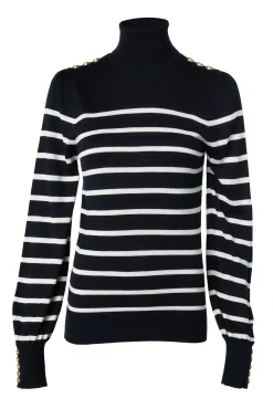 Hot Kelsie Roll Neck Knit (Ink Navy Natural Stripe) Women Knitwear