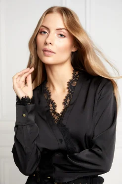 Discount Lace V-Neck Blouse (Black Satin) Women Shirts & Blouses