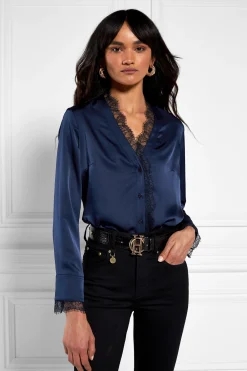 New Lace V-Neck Blouse (Ink Navy) Women Shirts & Blouses