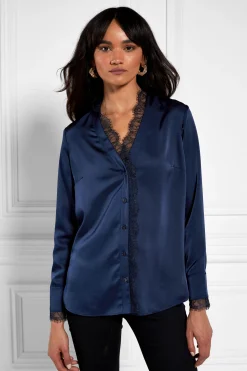New Lace V-Neck Blouse (Ink Navy) Women Shirts & Blouses