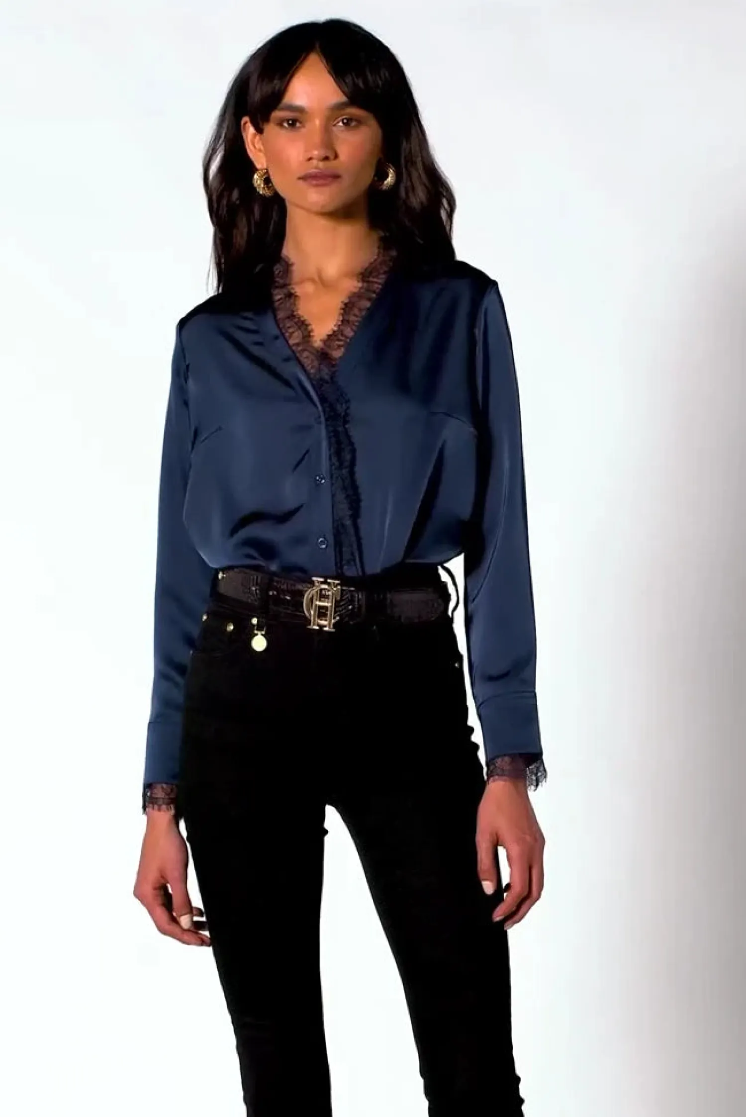 New Lace V-Neck Blouse (Ink Navy) Women Shirts & Blouses