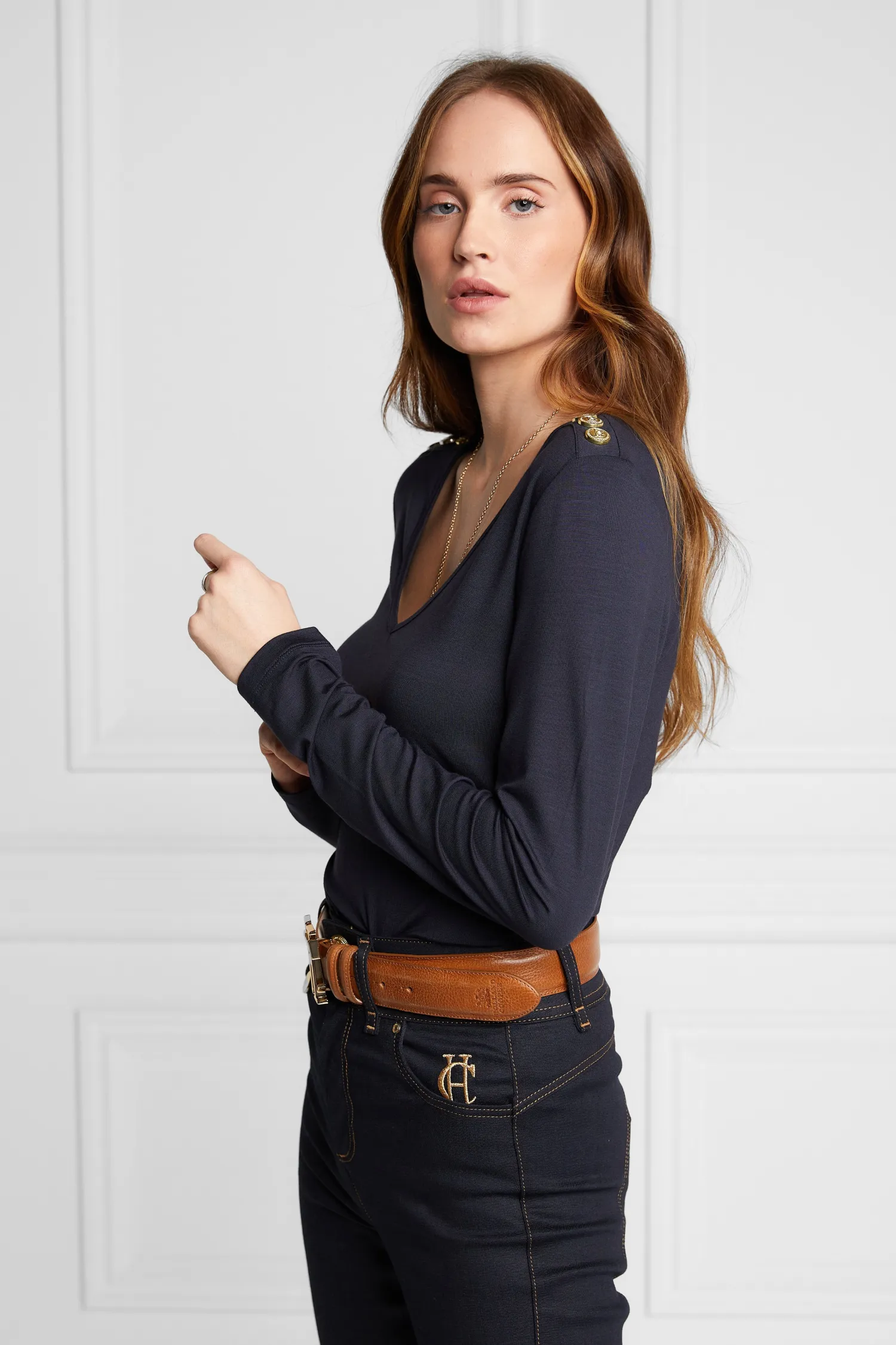 Best Long Sleeve V-Neck Tee (Ink Navy) Women Tees|Tops