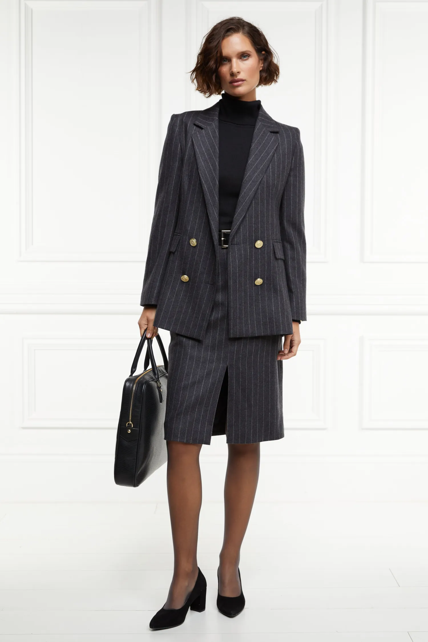 New Mayfair Pencil Skirt (Charcoal Pinstripe) Women Skirts|Tailoring