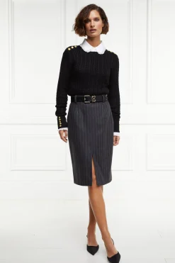 New Mayfair Pencil Skirt (Charcoal Pinstripe) Women Skirts|Tailoring