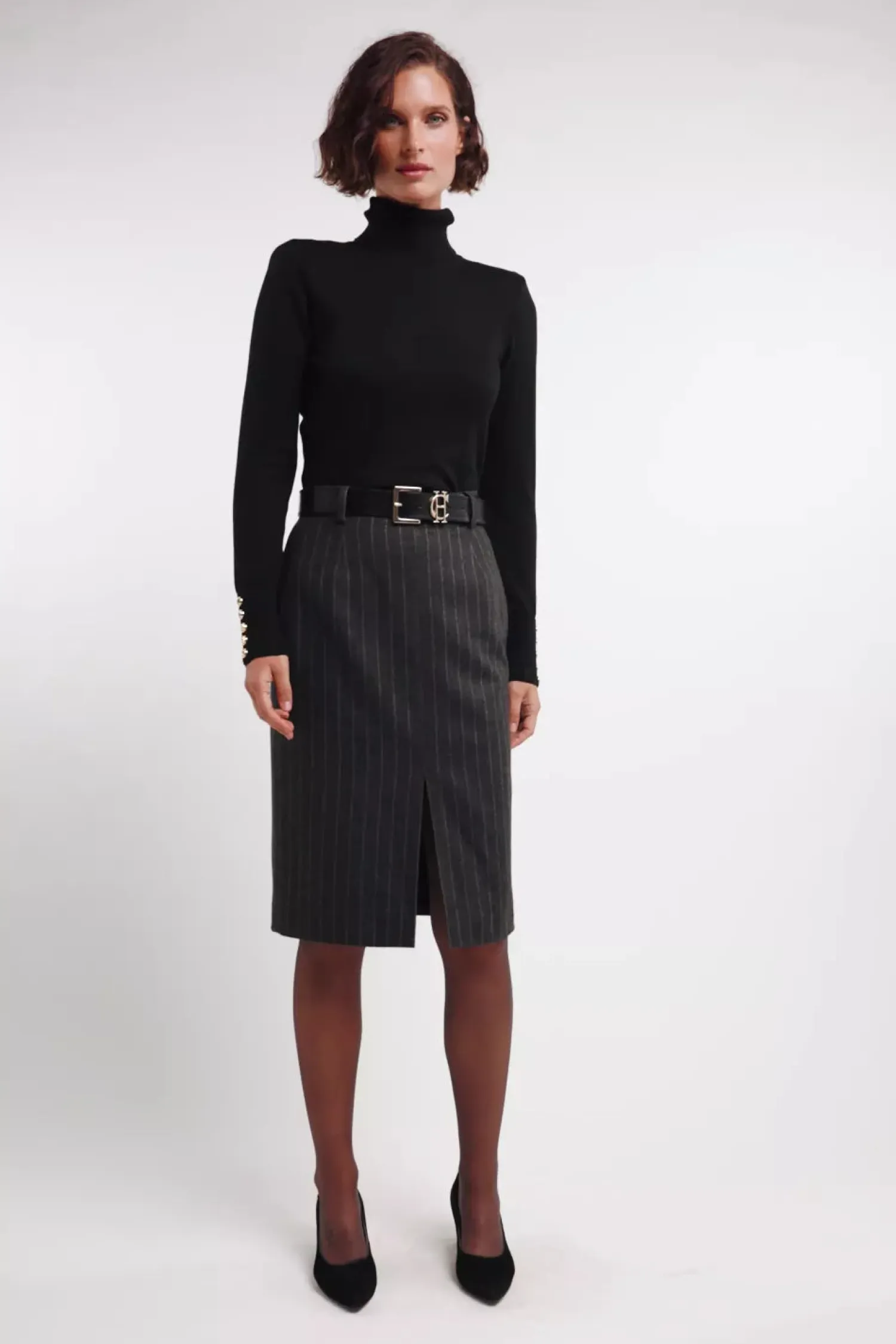 New Mayfair Pencil Skirt (Charcoal Pinstripe) Women Skirts|Tailoring
