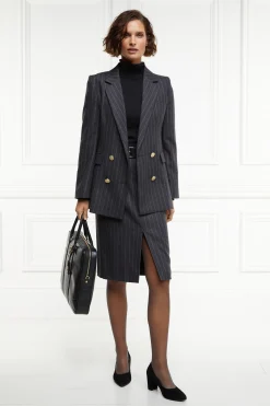 New Mayfair Pencil Skirt (Charcoal Pinstripe) Women Skirts|Tailoring