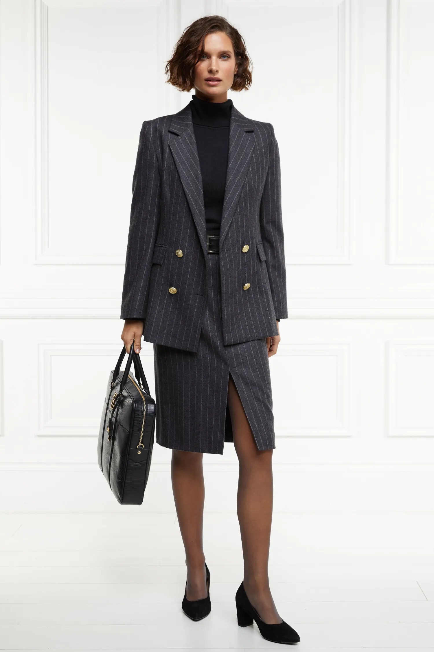 New Mayfair Pencil Skirt (Charcoal Pinstripe) Women Skirts|Tailoring