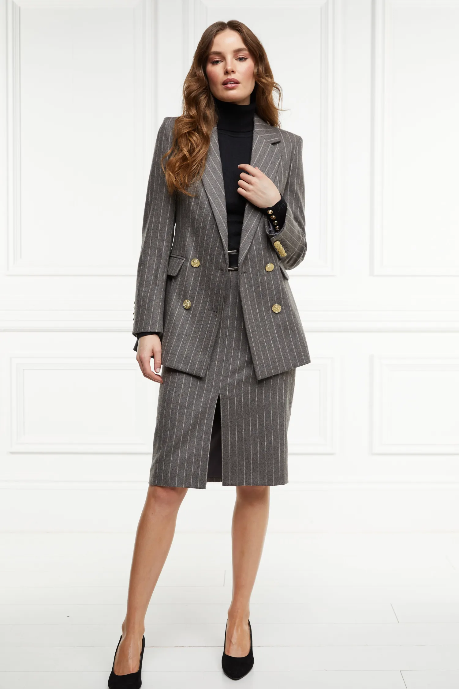 Fashion Mayfair Pencil Skirt (Soft Grey Pinstripe) Women Skirts|Tailoring