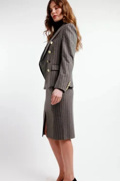 Fashion Mayfair Pencil Skirt (Soft Grey Pinstripe) Women Skirts|Tailoring