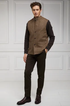 Clearance Nehru Gilet (Large Scale Brown Herringbone) Gilets|Waistcoats