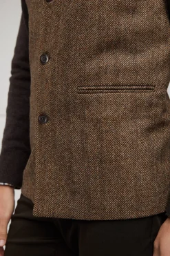 Clearance Nehru Gilet (Large Scale Brown Herringbone) Gilets|Waistcoats