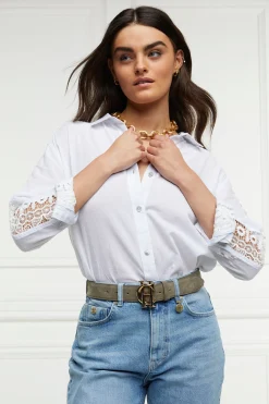 Discount Oversized Cotton Lace Shirt (Tick Stripe Sky Blue) Women Shirts & Blouses