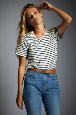 Clearance Padstow Crew Neck Tee (Natural Ink Navy Stripe) Women Tees|Tops