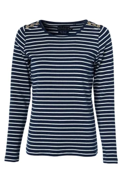 Outlet Padstow Long Sleeve Crew Neck Tee (Ink Navy Natural Stripe) Women Tees|Tops