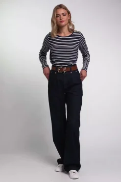 Outlet Padstow Long Sleeve Crew Neck Tee (Ink Navy Natural Stripe) Women Tees|Tops