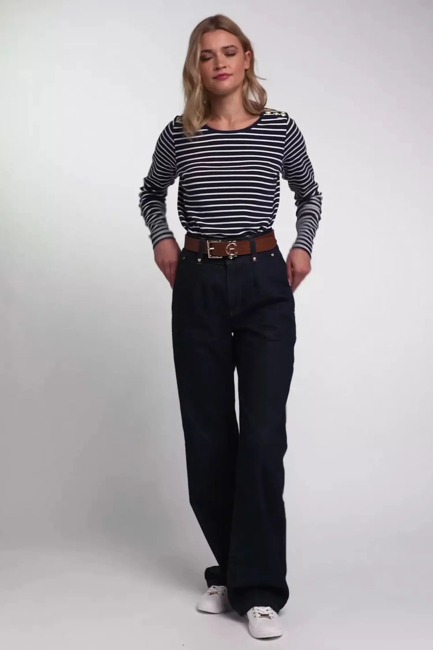 Outlet Padstow Long Sleeve Crew Neck Tee (Ink Navy Natural Stripe) Women Tees|Tops