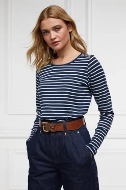 Outlet Padstow Long Sleeve Crew Neck Tee (Ink Navy Natural Stripe) Women Tees|Tops