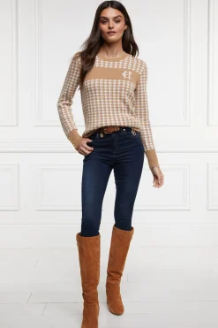 Fashion Panel Crew Neck Knit (Camel Houndstooth) Women Knitwear