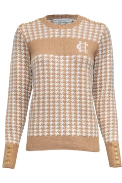 Fashion Panel Crew Neck Knit (Camel Houndstooth) Women Knitwear