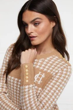 Fashion Panel Crew Neck Knit (Camel Houndstooth) Women Knitwear