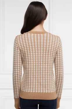 Fashion Panel Crew Neck Knit (Camel Houndstooth) Women Knitwear