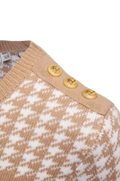 Fashion Panel Crew Neck Knit (Camel Houndstooth) Women Knitwear