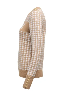 Fashion Panel Crew Neck Knit (Camel Houndstooth) Women Knitwear