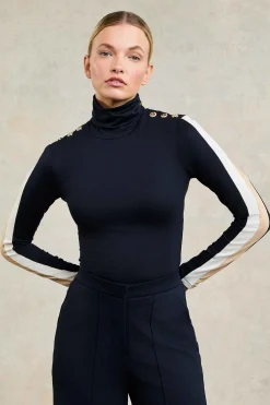 New Panel Long Sleeve Roll Neck (Navy Ecru) Women Tops
