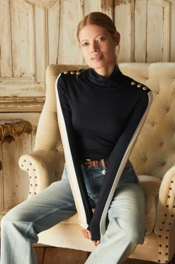 New Panel Long Sleeve Roll Neck (Navy Ecru) Women Tops
