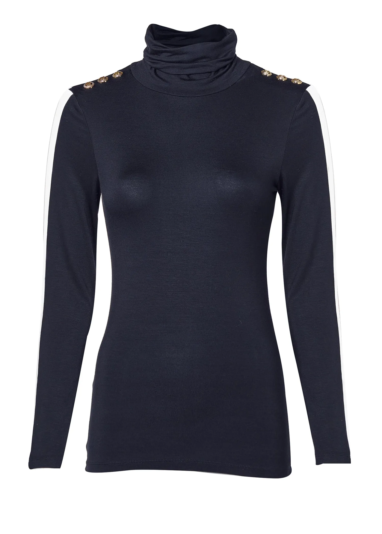 New Panel Long Sleeve Roll Neck (Navy Ecru) Women Tops