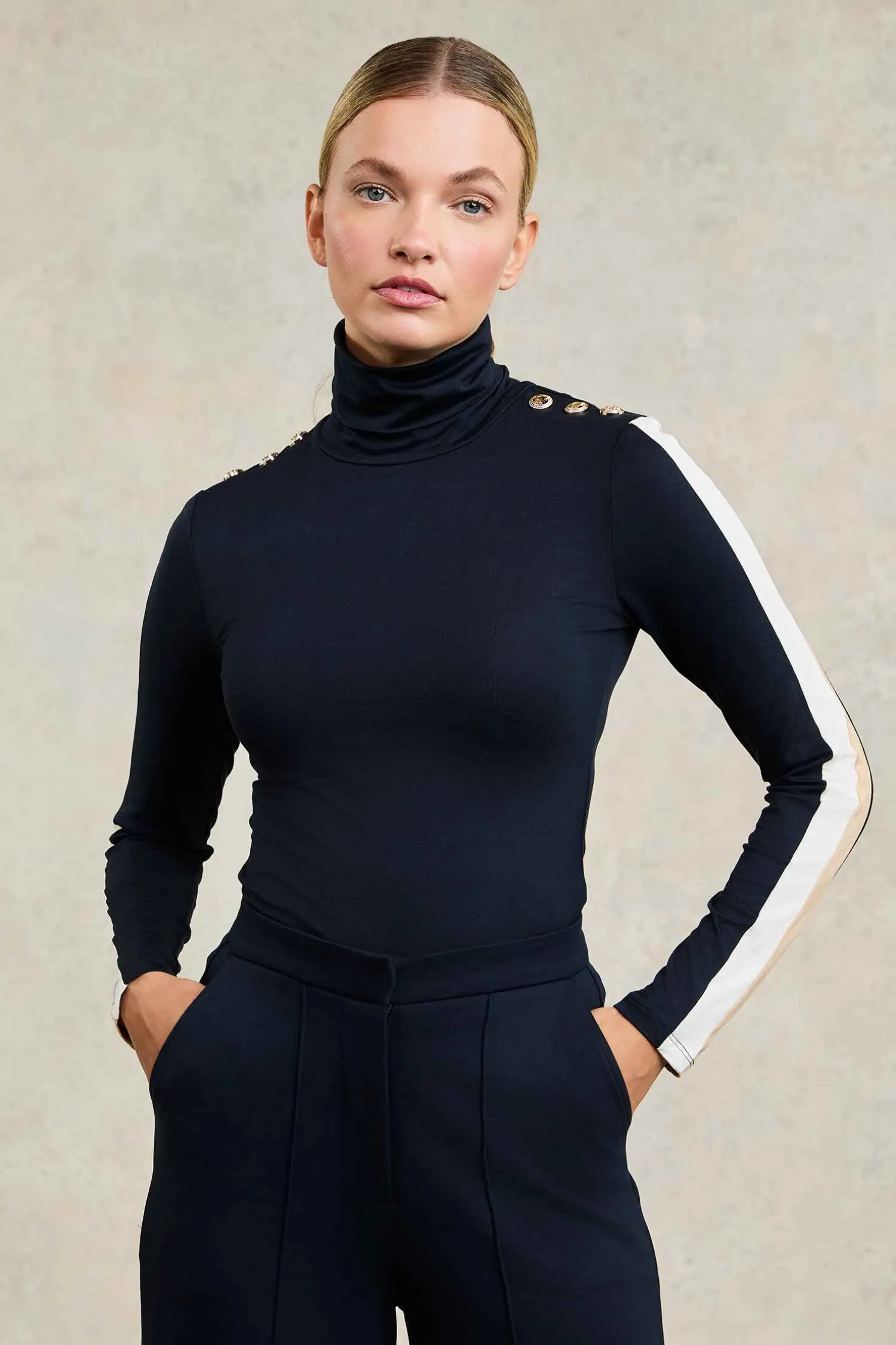 New Panel Long Sleeve Roll Neck (Navy Ecru) Women Tops