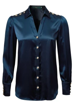 Clearance Silk V-Neck Blouse (Petrol Blue) Women Shirts & Blouses