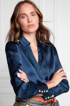 Clearance Silk V-Neck Blouse (Petrol Blue) Women Shirts & Blouses