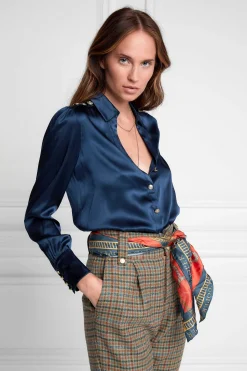 Clearance Silk V-Neck Blouse (Petrol Blue) Women Shirts & Blouses